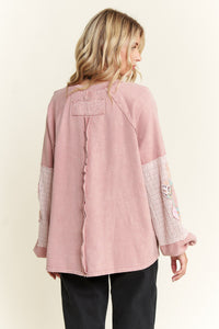 J. Her Mineral Washed Top with Flower Patched Sleeves in Light Mauve