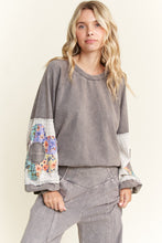 Load image into Gallery viewer, J. Her Mineral Washed Top with Flower Patched Sleeves in Charcoal
