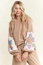 Load image into Gallery viewer, J. Her Mineral Washed Top with Flower Patched Sleeves in Latte
