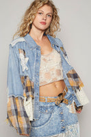 POL Vintage Washed Mixed Fabric Star Patched Jacket in Denim Multi