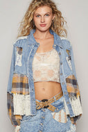 POL Vintage Washed Mixed Fabric Star Patched Jacket in Denim Multi