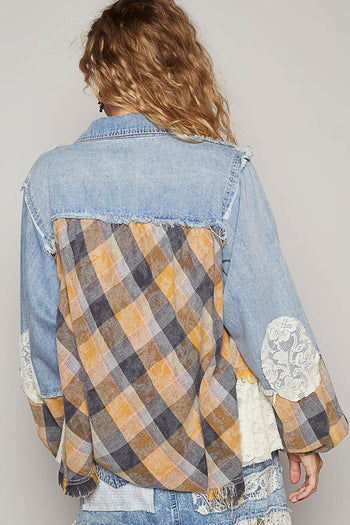 POL Vintage Washed Mixed Fabric Star Patched Jacket in Denim Multi