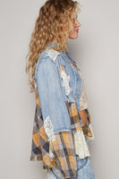 POL Vintage Washed Mixed Fabric Star Patched Jacket in Denim Multi