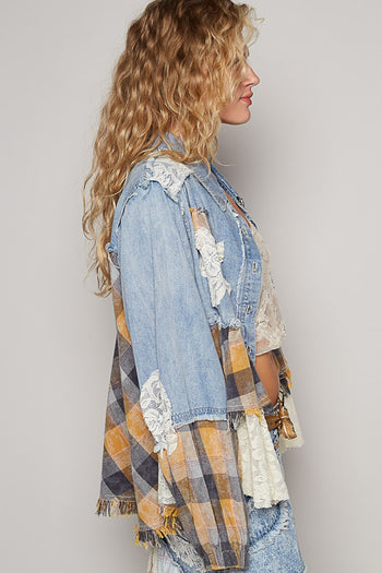 POL Vintage Washed Mixed Fabric Star Patched Jacket in Denim Multi