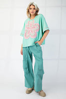 Easel Mineral Washed Cotton Top with Flower Patch in Atlantic Green