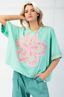Easel Mineral Washed Cotton Top with Flower Patch in Atlantic Green