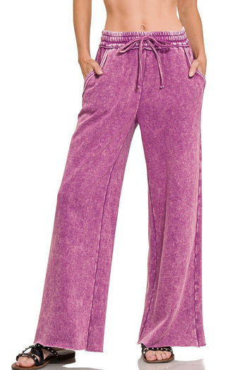 Acid Washed Fleece Wide Leg Pants in Light Plum