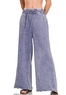 Acid Washed Fleece Wide Leg Pants in Marlin