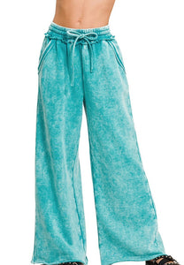 Acid Washed Fleece Wide Leg Pants in Light Teal