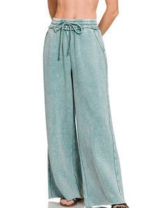 Acid Washed Fleece Wide Leg Pants in Ash Blue