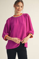 Jodifl Lightweight Solid Color Top with Contrasting Stripe Details in Magenta