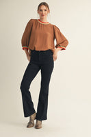 Jodifl Lightweight Solid Color Top with Contrasting Stripe Details in Mocha