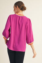 Load image into Gallery viewer, Jodifl Lightweight Solid Color Top with Contrasting Stripe Details in Magenta

