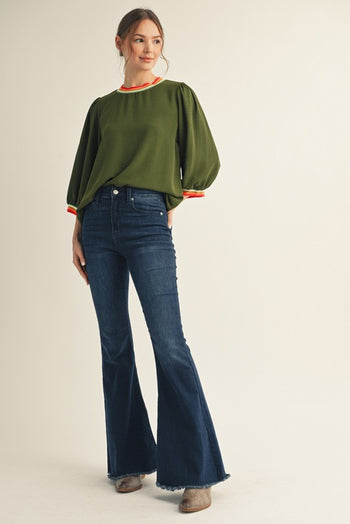 Jodifl Lightweight Solid Color Top with Contrasting Stripe Details in Olive