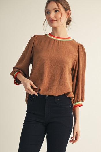 Jodifl Lightweight Solid Color Top with Contrasting Stripe Details in Mocha