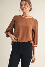 Load image into Gallery viewer, Jodifl Lightweight Solid Color Top with Contrasting Stripe Details in Mocha
