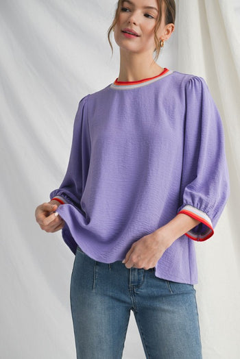 Jodifl Lightweight Solid Color Top with Contrasting Stripe Details in Lilac