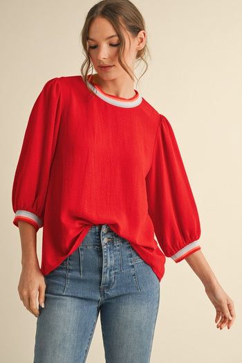 Jodifl Lightweight Solid Color Top with Contrasting Stripe Details in Tomato Red