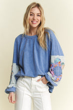 Load image into Gallery viewer, J. Her Mineral Washed Top with Flower Patched Sleeves in Denim Blue
