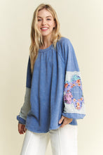 Load image into Gallery viewer, J. Her Mineral Washed Top with Flower Patched Sleeves in Denim Blue
