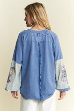 Load image into Gallery viewer, J. Her Mineral Washed Top with Flower Patched Sleeves in Denim Blue
