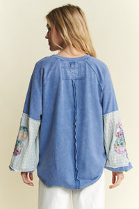 J. Her Mineral Washed Top with Flower Patched Sleeves in Denim Blue