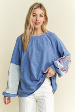 Load image into Gallery viewer, J. Her Mineral Washed Top with Flower Patched Sleeves in Denim Blue
