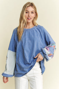 J. Her Mineral Washed Top with Flower Patched Sleeves in Denim Blue