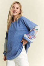 Load image into Gallery viewer, J. Her Mineral Washed Top with Flower Patched Sleeves in Denim Blue
