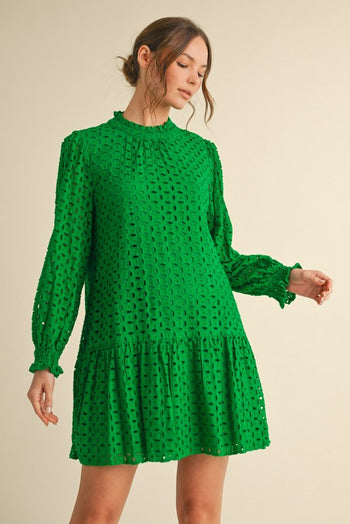 Jodifl Solid Color Eyelet Lace Dress in Green