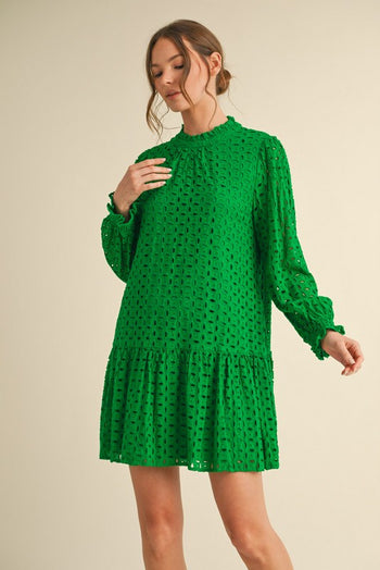 jodifl green dress Jodifl Kelly Green Embroidered Short Dress With A Slit Smocked Neck And Short Bell Sleeves Plus