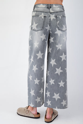 Easel Denim Star Printed Cropped Jeans in Black Denim