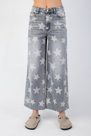 Easel Denim Star Printed Cropped Jeans in Black Denim