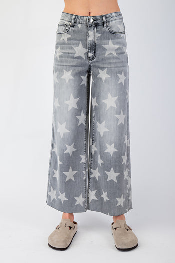 Easel Denim Star Printed Cropped Jeans in Black Denim