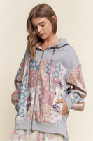 J.nna Multi Pattern Patched Hooded Jacket in Multi Grey