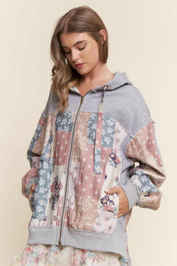 J.nna Multi Pattern Patched Hooded Jacket in Multi Grey