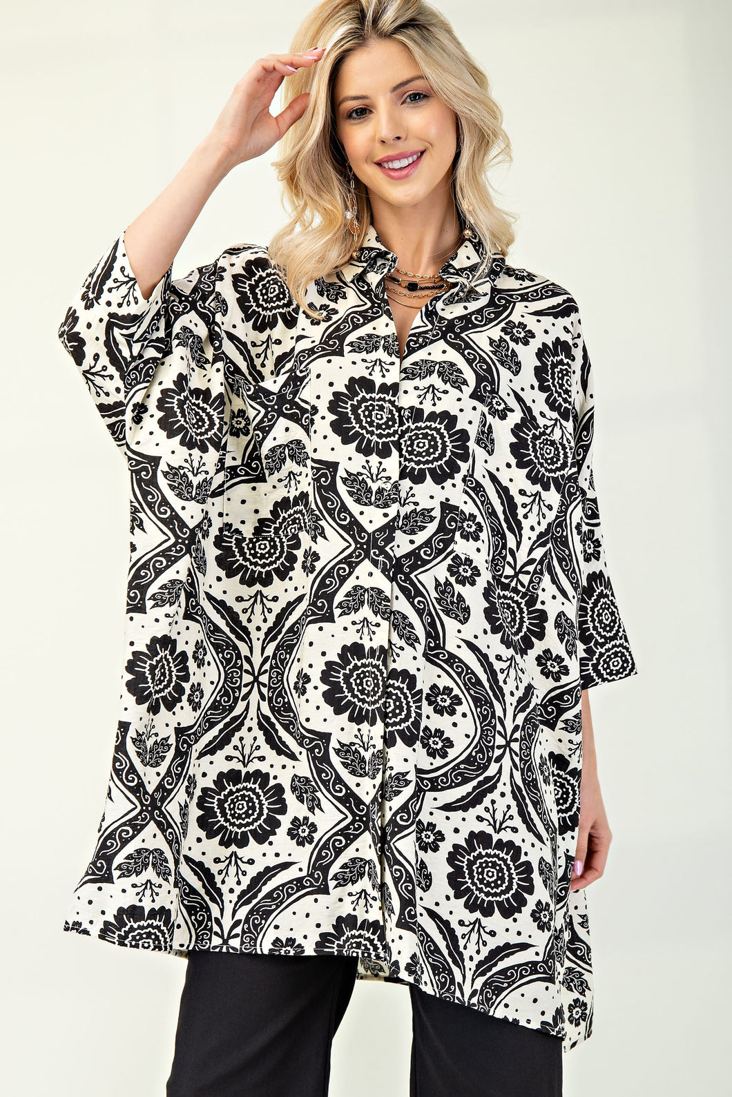 GiGio OVERSIZED Mixed Print Shirt Dress in Black