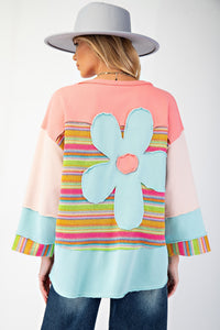 Easel OVERSIZED Daisy Patched Mix n Match Color Block Top in Pink Blue