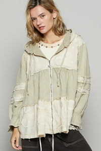 POL A-Line Hooded Zip Up Jacket in Beige Multi