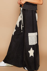 POL Solid Color French Terry Pants with Star Patches in Black