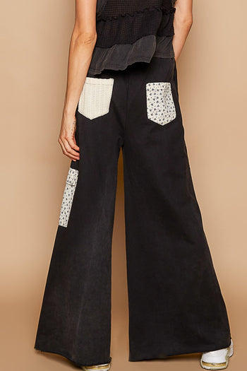POL Solid Color French Terry Pants with Star Patches in Black