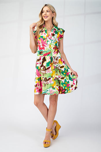 GiGio Floral Print Tiered Mini Dress in Green