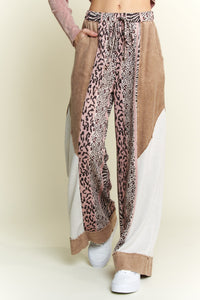 J.Her Mineral Washed Color Block Pants with Leopard Print in Taupe