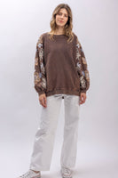 BlueVelvet French Terry Top with Floral Embroidery Sleeves in Charcoal ON ORDER