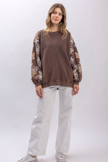 BlueVelvet French Terry Top with Floral Embroidery Sleeves in Charcoal ON ORDER