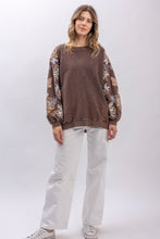 Load image into Gallery viewer, BlueVelvet French Terry Top with Floral Embroidery Sleeves in Charcoal ON ORDER
