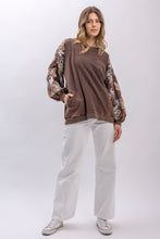 Load image into Gallery viewer, BlueVelvet French Terry Top with Floral Embroidery Sleeves in Charcoal ON ORDER
