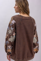 BlueVelvet French Terry Top with Floral Embroidery Sleeves in Charcoal ON ORDER