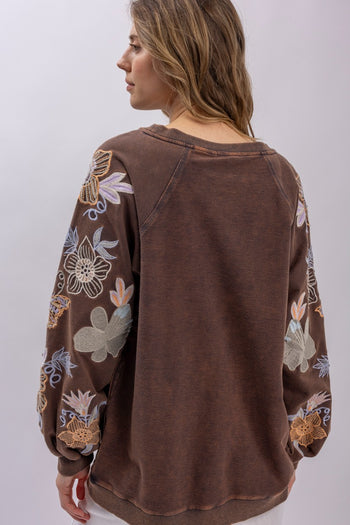 BlueVelvet French Terry Top with Floral Embroidery Sleeves in Charcoal ON ORDER