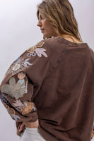 BlueVelvet French Terry Top with Floral Embroidery Sleeves in Charcoal ON ORDER